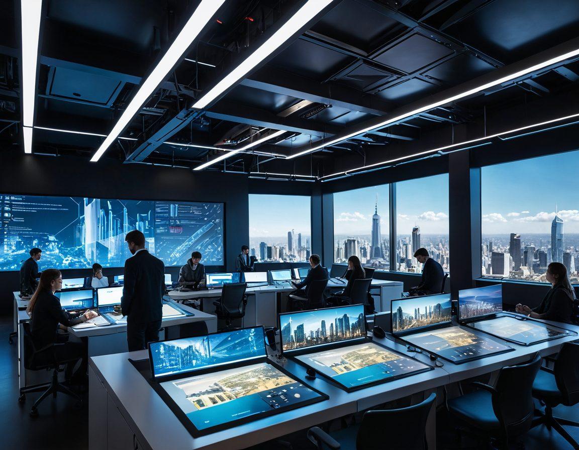 A futuristic engineering workshop filled with diverse, innovative technologies and tools, showcasing engineers collaborating on research projects, with holographic displays of data and blueprints. Include a backdrop of a city skyline with advanced architecture symbolizing future engineering. Bright and dynamic lighting to reflect creativity and insight. super-realistic. vibrant colors.