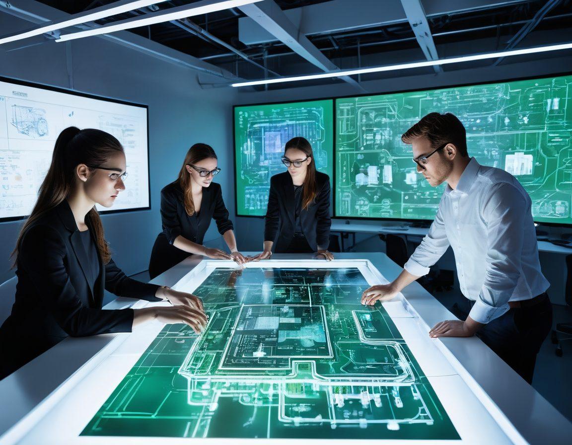 A futuristic engineering workspace featuring advanced design tools such as holographic displays and 3D printing machines. Engineers of diverse backgrounds collaborate over a digital blueprint, surrounded by flowing data streams and virtual models. Incorporate elements of sustainability, like green energy solutions and eco-friendly materials. Bright, inspiring colors showcase progress and innovation. super-realistic. vibrant colors. white background.